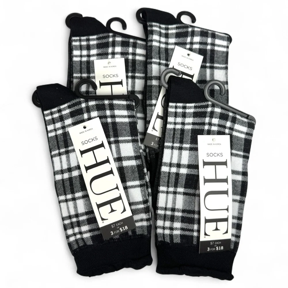 HUE Black White Plaid Femme Top Socks One Size Low Cut New 4 Pairs‎